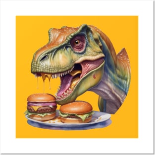 Dinosaur with burger Posters and Art